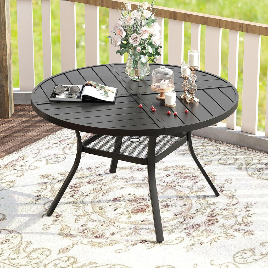 VICLLAX Round Patio Table with Adjustable Umbrella Hole for 4, All Weather Metal Outdoor Dining Table for Lawn Garden, 40.6' Outdoor Coffee Table, Black Tabletop