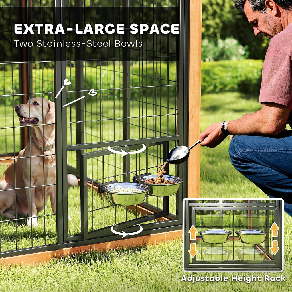 PawHut 7' x 6' Extra Large Outdoor Dog Kennel, Walk-in Wood Dog House with Internal Storage Cabinet, Pet Shelter with Waterproof Roof, Stainless Steel Bowls, Feeding Door for Large Breeds, Yellow