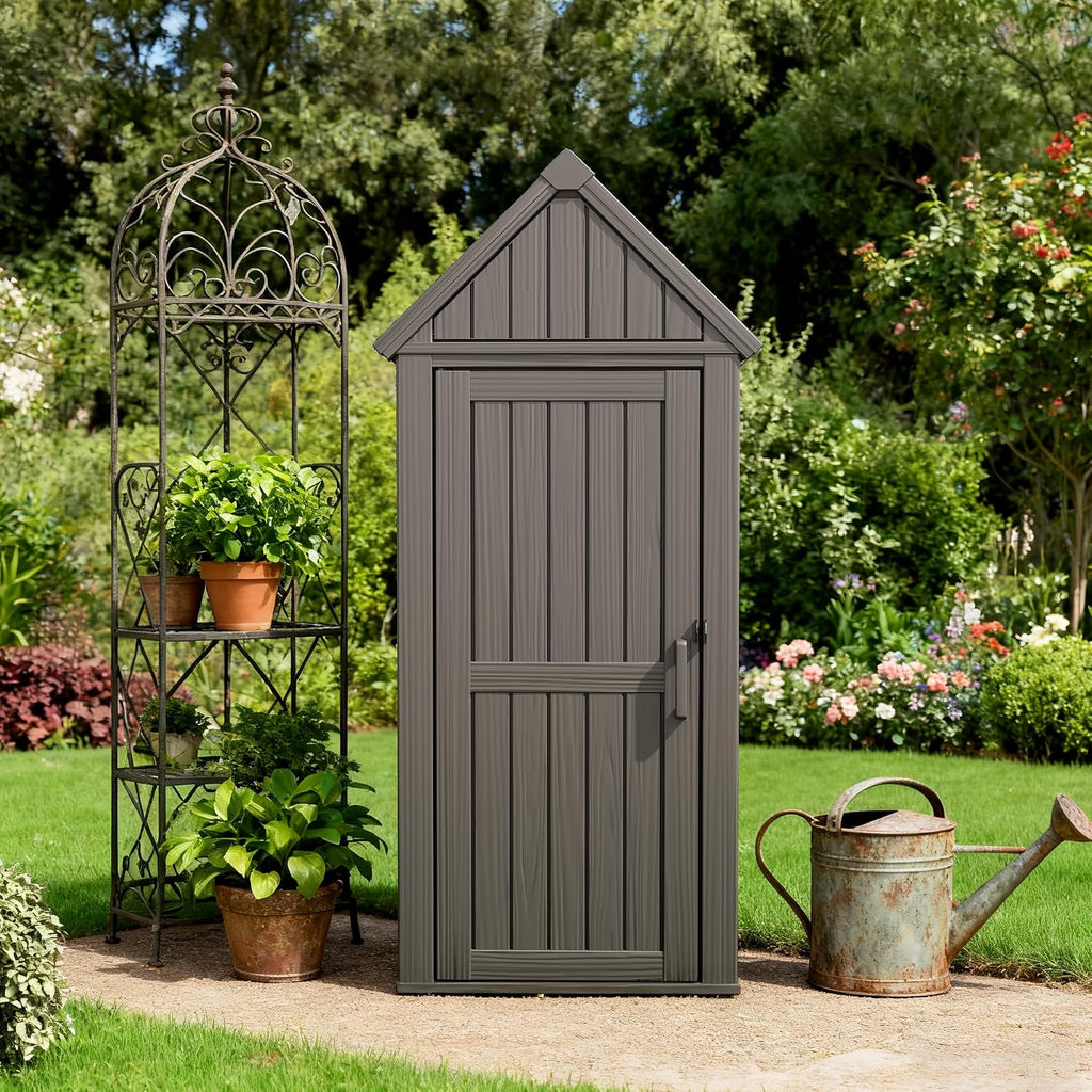 Vertical Outdoor Storage Shed, Waterproof Resin Outdoor Storage Cabinet with Removable Shelves & 12 Hooks, Lockable Small Tool Shed for Garden, Backyard, Patio, Pool, Gray