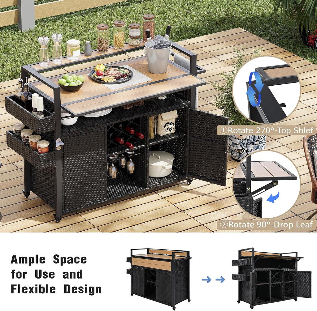52.8' W Wicker Outdoor Bar Cart Table with Extended Plastic Wood Table Top, Outdoor Grill Cart with Large Storage Cabinet, for Patio Backyard Garden Poolside, Double Handle Design, Black