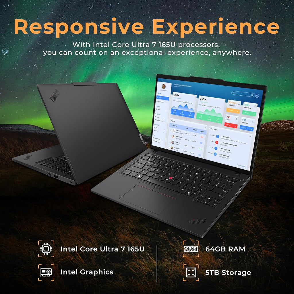 Lenovo ThinkPad T14 G5 14' WUXGA Laptop, Intel Ultra 7 165U, 64GB DDR5 RAM, 5TB Storage(4TB SSD+1TB Docking Station Set), Intel Graphics, Backlit Keyboard, Fingerprint, Wi-Fi 6E, Win 11 Pro, Black