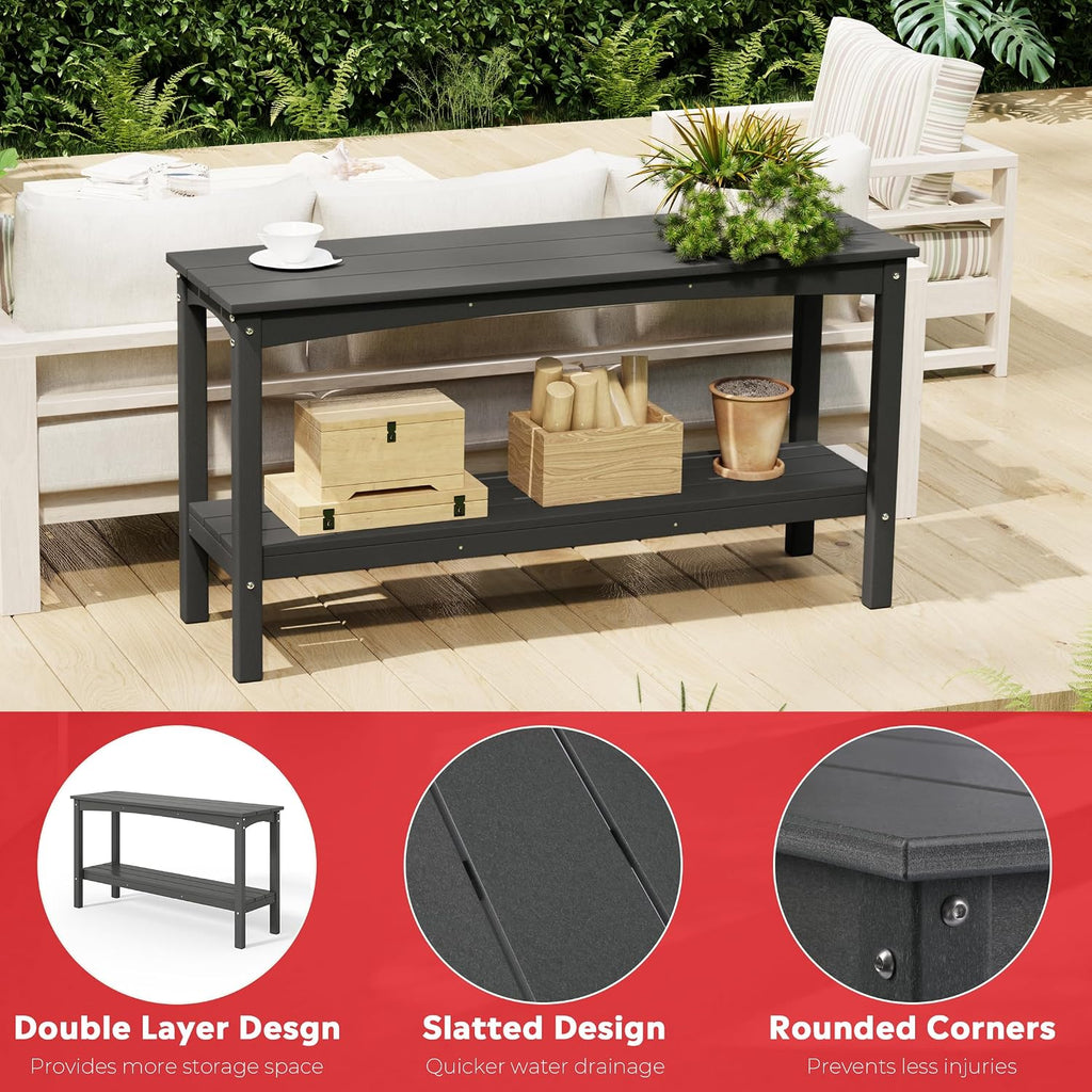 Costaelm Adirondack Outdoor Side Table, 55' HDPE Small Outside Table with Storage Shelf, Weather Resistant Outdoor Plant Shelf, Porch Table and Outdoor Table for Pool & Yard, Sand