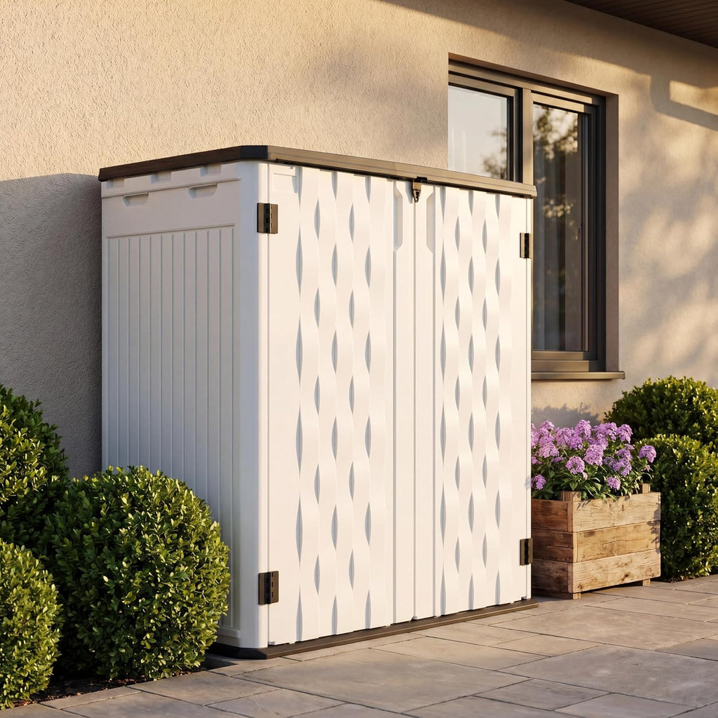 Amopatio 37 Cu Ft Premium Vertical Storage Shed, Outdoor Resin Shed with Floor, Waterproof Weather Resistance Plastic Cabinet, Lockable Doors for Patio, Garden Tools, Lawn, Grey&White