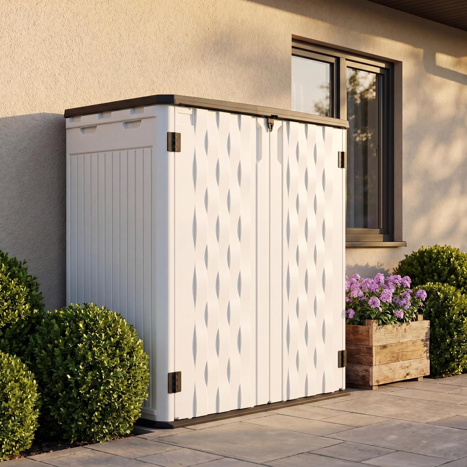 Amopatio 37 Cu Ft Premium Vertical Storage Shed, Outdoor Resin Shed with Floor, Waterproof Weather Resistance Plastic Cabinet, Lockable Doors for Patio, Garden Tools, Lawn, Grey&White