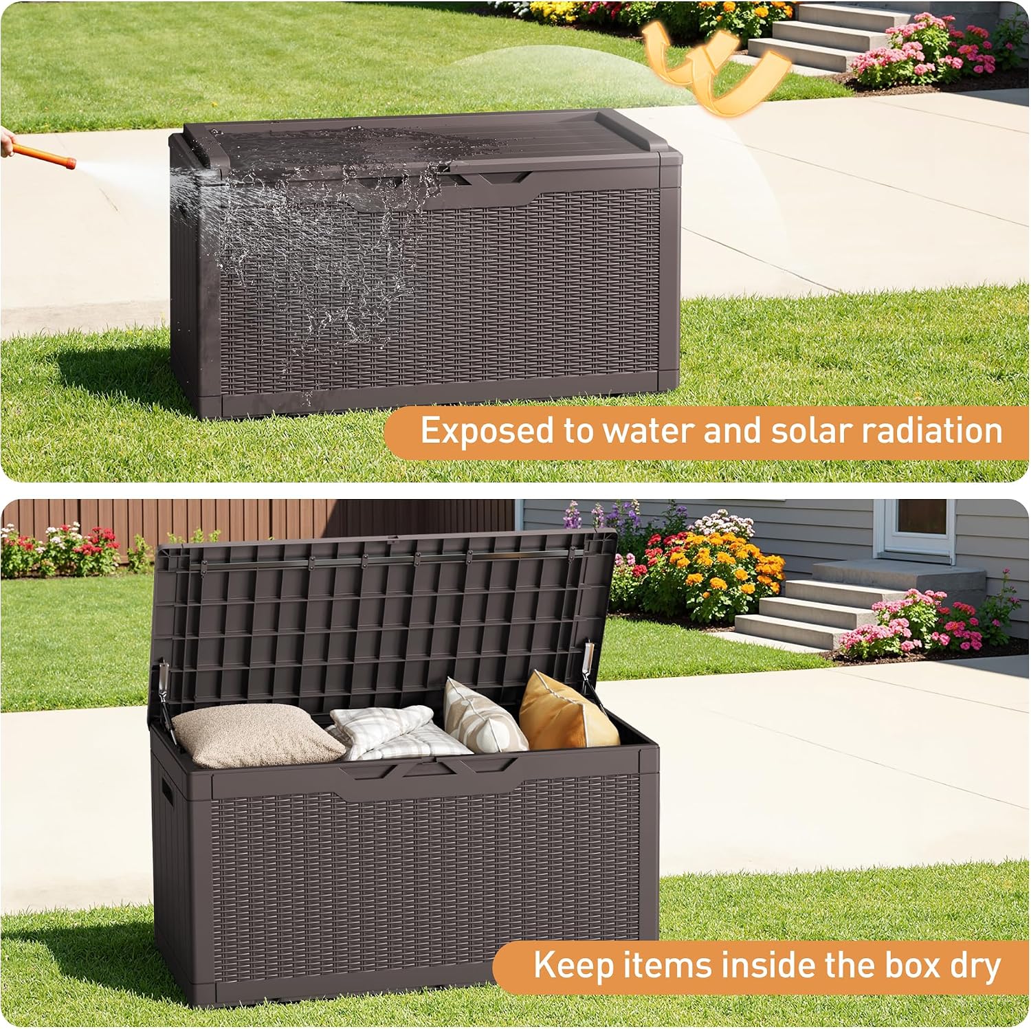 Greesum 100 Gallon Resin Deck Box Large Outdoor Storage Boxes with Cushions for Garden Tools, Patio Furniture Pillows, Pool Supplies, Dark Brown