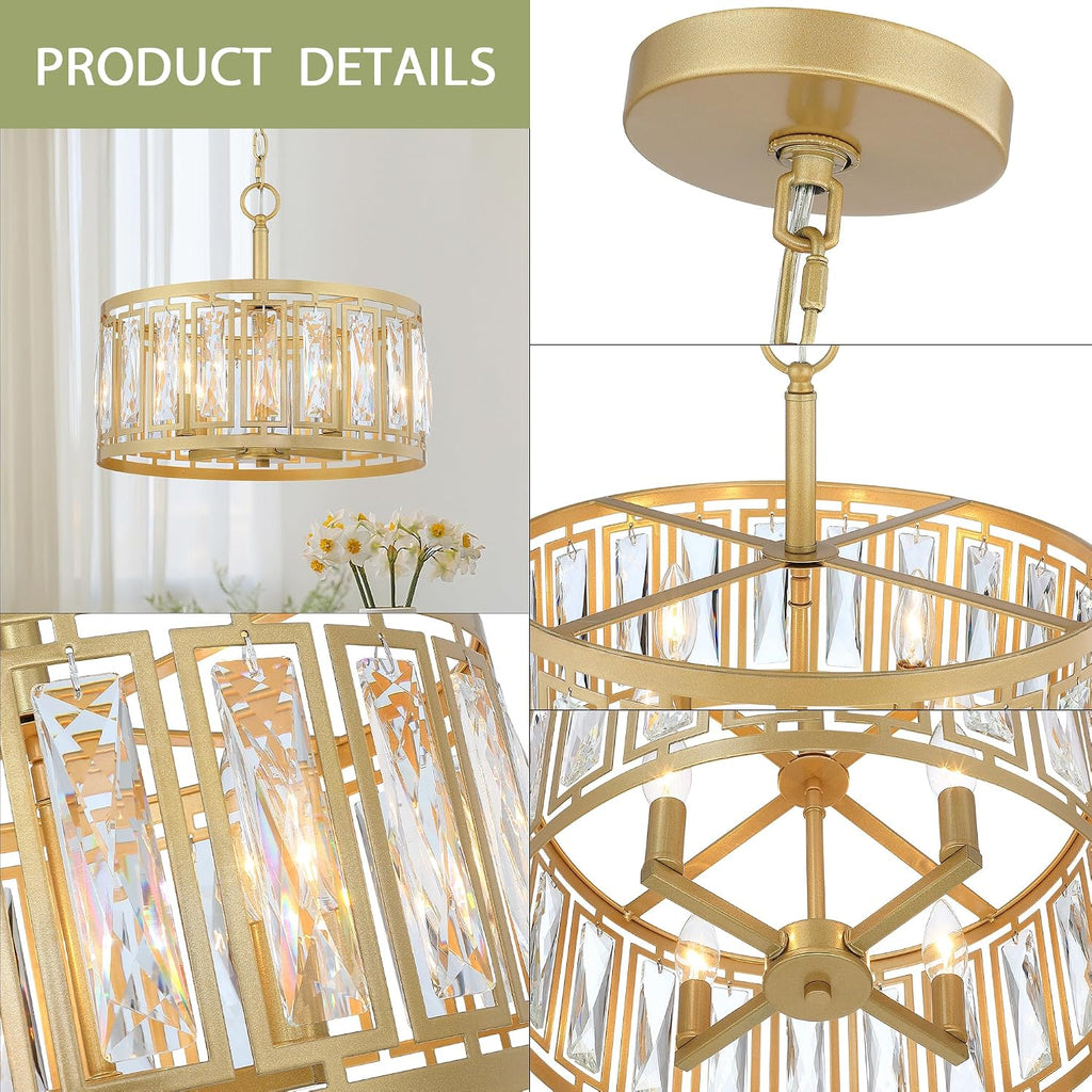 Gold Crystal Chandelier, 4-Light Semi Flush Mount Chandelier Crystal Entry Way Light Fixture Gold Dining Room Light Fixtures Adjustable Height Hanging Pendant Light for Bedroom Living Room