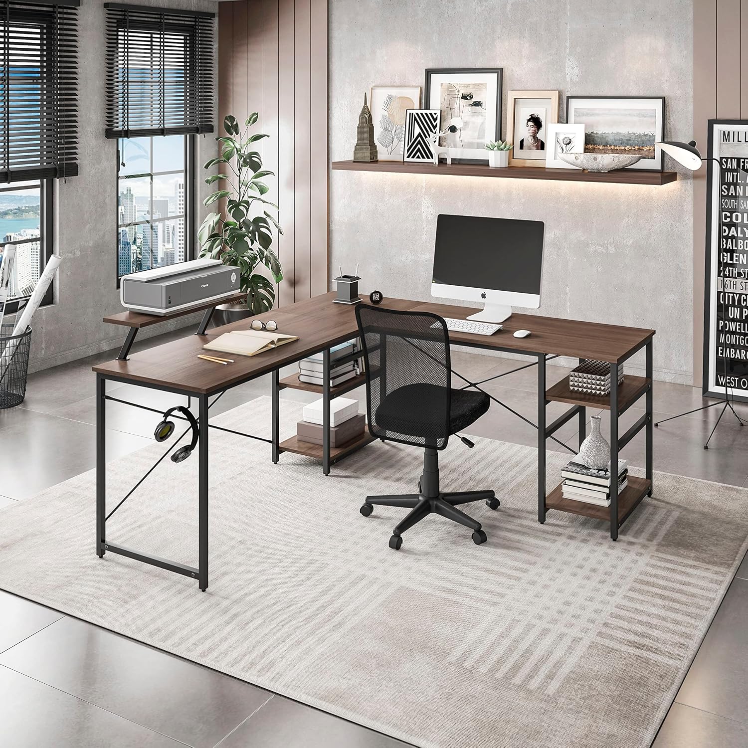 Techni Mobili Office Desk - Reversible L Shaped Desk with Storage Shelves, Monitor Stand & Accessory Holder - Ergonomic & Industrial Workstation Corner Table with Durable Steel Frame, Walnut