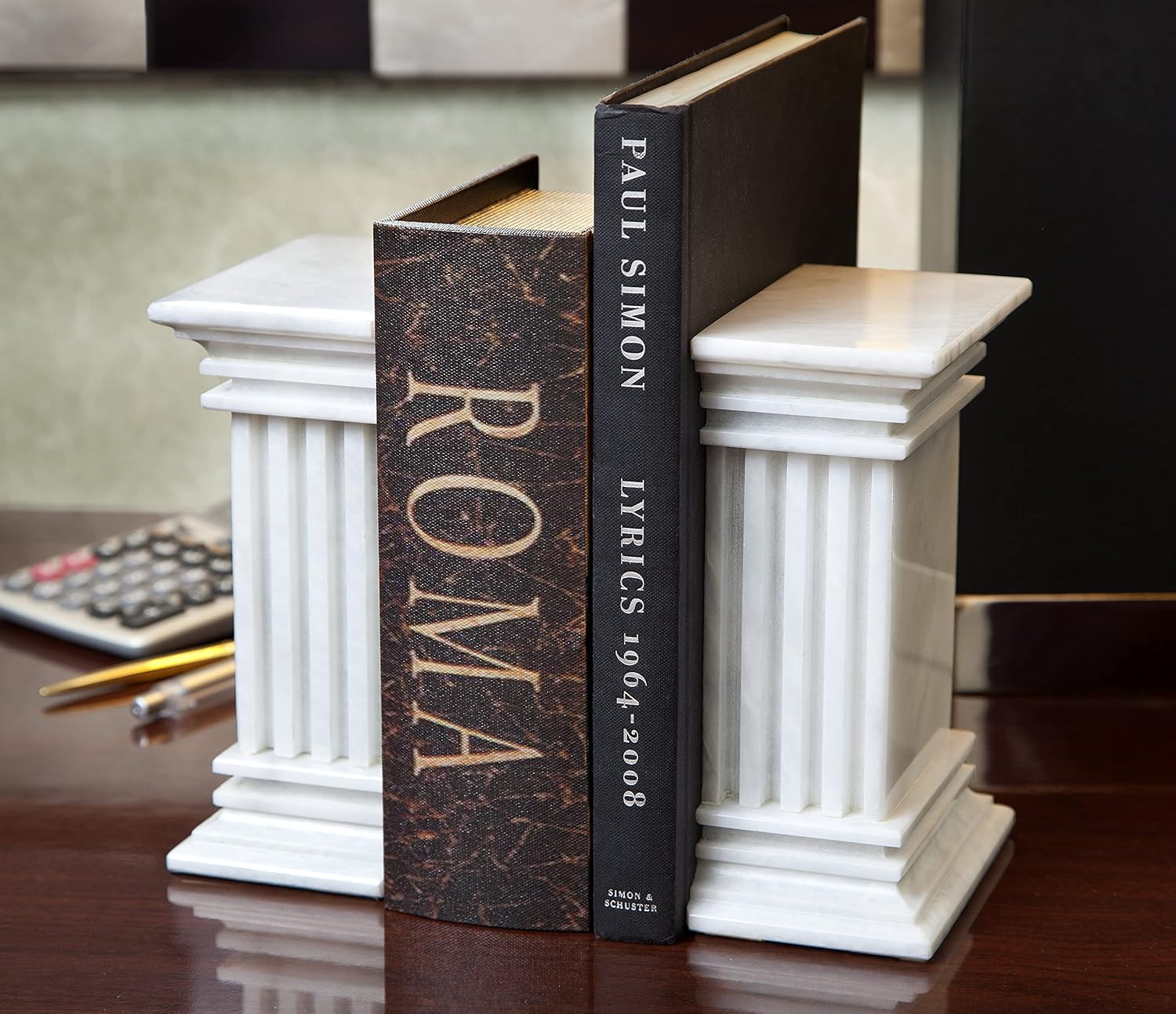 Modern Fluted Column Marble Bookends – Hand Carved, Polished Stone Bookends w/Non Slip Rubber Pads – Lightweight & Compact Decorative Bookends - Versatile, Luxury Book Organizer for Shelf & More