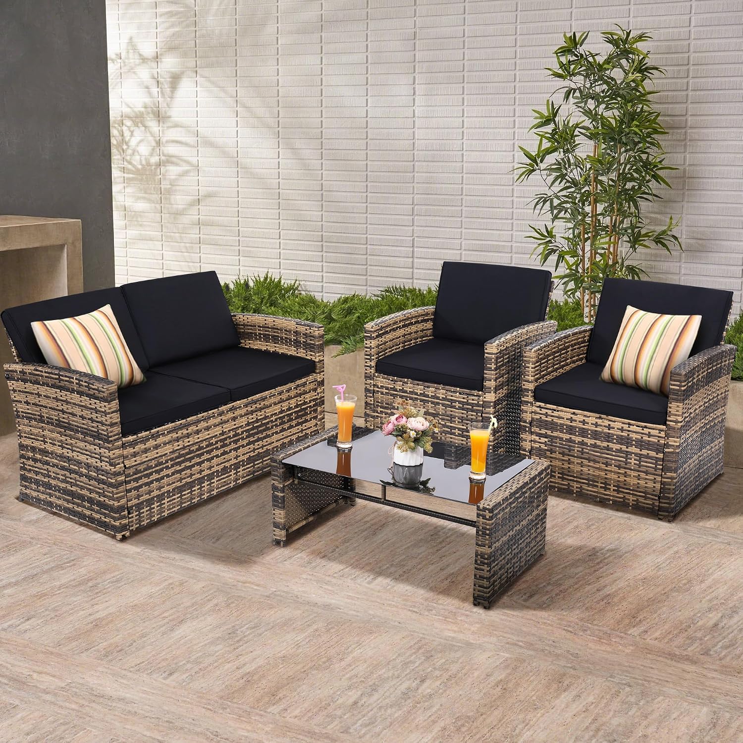 KROFEM 4-Piece Patio Furniture Set, Wicker Outdoor Rattan Sectional Sofa with Cushions and Glass Table, All-Weather Outdoor Conversation Set for Garden, Porch, Backyard, Patio, Black