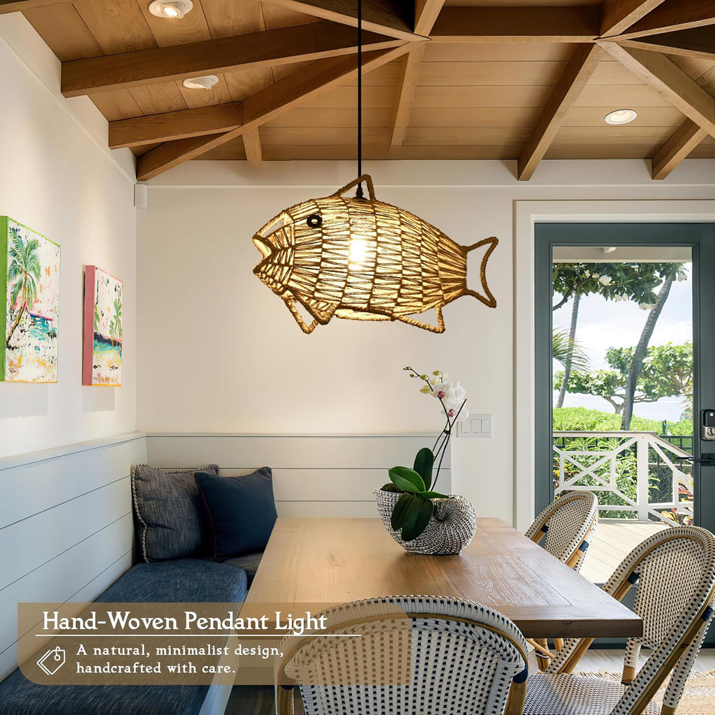 Woven Pendant Light Boho Chandelier Fish-Shaped Rustic Farmhouse Chandelier Hemp Rope Light Rattan Light Fixture for Dining Room Living Room Bedroom Kitchen Foyer(Bulb Included)
