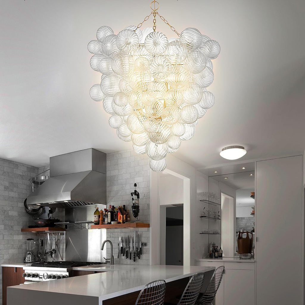 Longree Mid Century Bubble Ball Swirled Glass Chandelier, 36 * 44 in. 2-Tier Frame Gild Gold and Clear Blown Glass Large Cluster Bbble Pendant Light Fixture for Bedroom Restaurant Dining Room