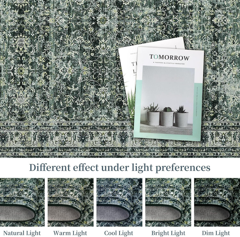 GlowSol Washable Area Rug 10x13 Large Neutral Rugs for Living Room Soft Vintage Bedroom Rug Ultra-Thin Distressed Oriental Carpet Stain Resistant Rug for Dining Room Guest Room Home Decor,Green