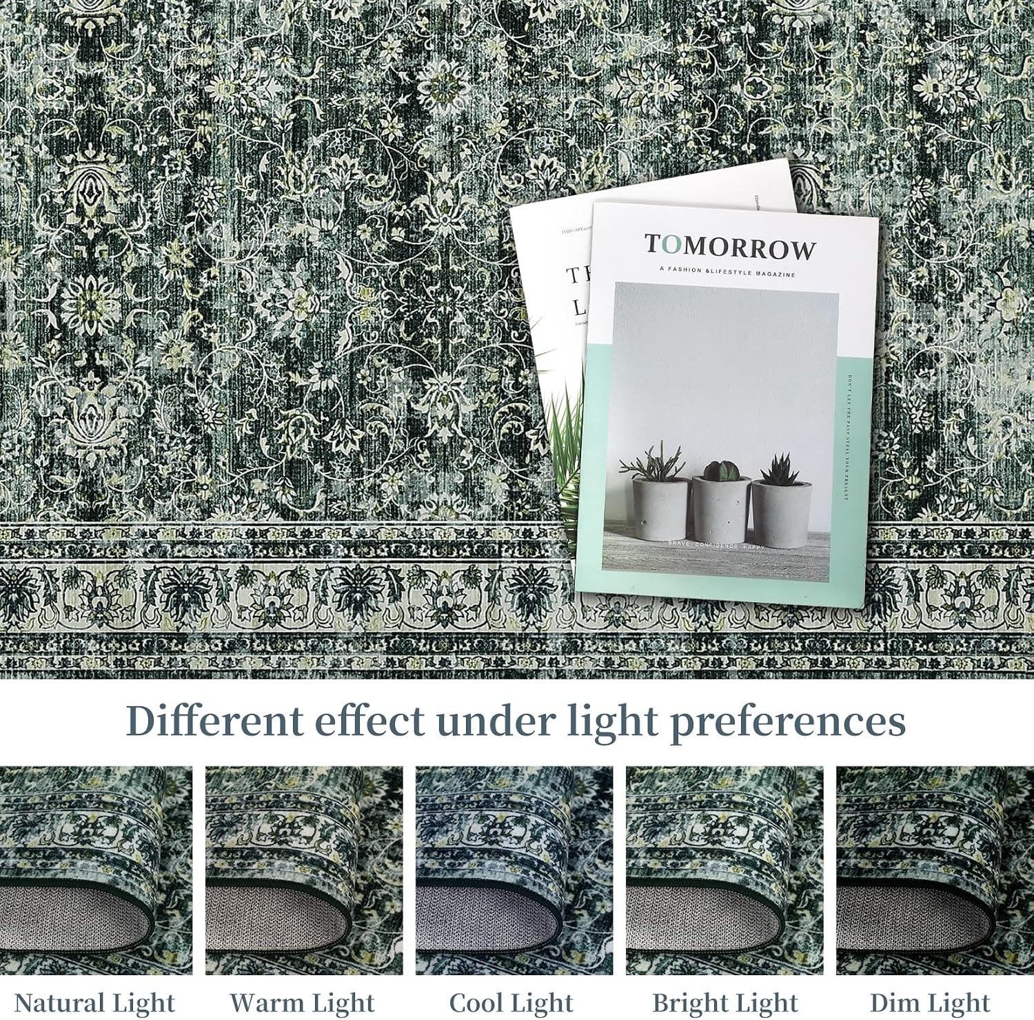 GlowSol Washable Area Rug 10x13 Large Neutral Rugs for Living Room Soft Vintage Bedroom Rug Ultra-Thin Distressed Oriental Carpet Stain Resistant Rug for Dining Room Guest Room Home Decor,Green