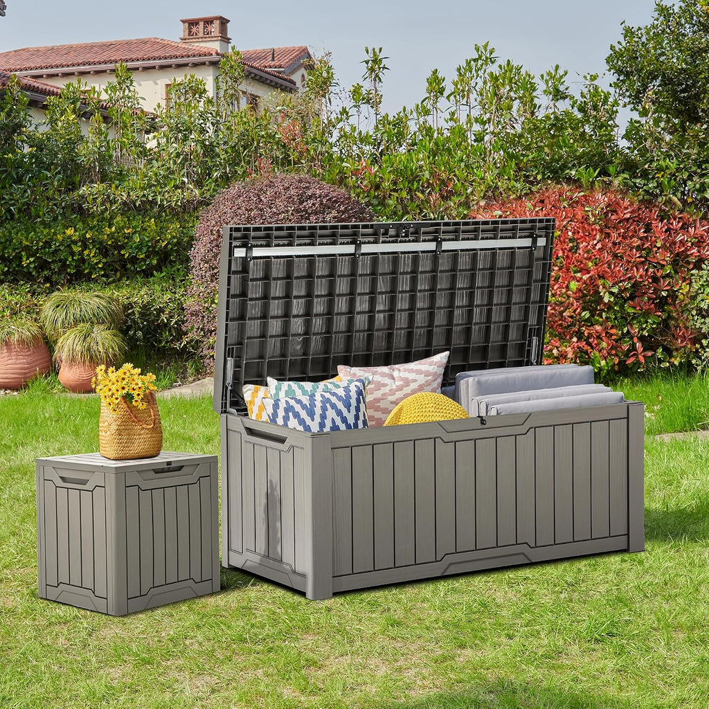YITAHOME 120 Gallon Outdoor Storage Deck Box with Cushion, Large Resin Patio Storage for Outdoor Pillows, Garden Tools and Pool-Supplies, Waterproof, Lockable (Taupe)