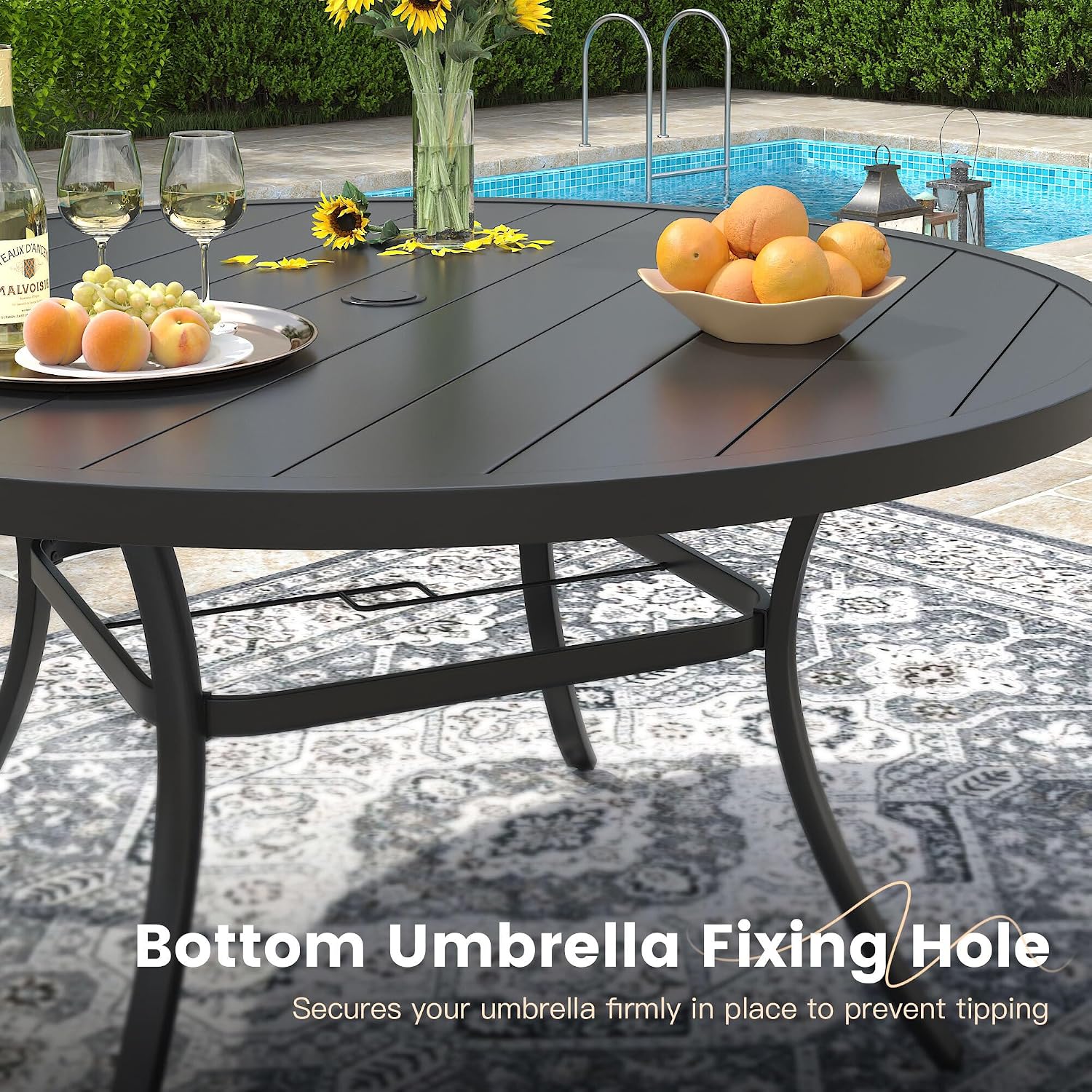 VICLLAX 60' Outdoor Round Patio Dining Table for 8-10, All Weather Metal Dining Table with Umbrella Hole for Deck Lawn Garden Backyard, Black