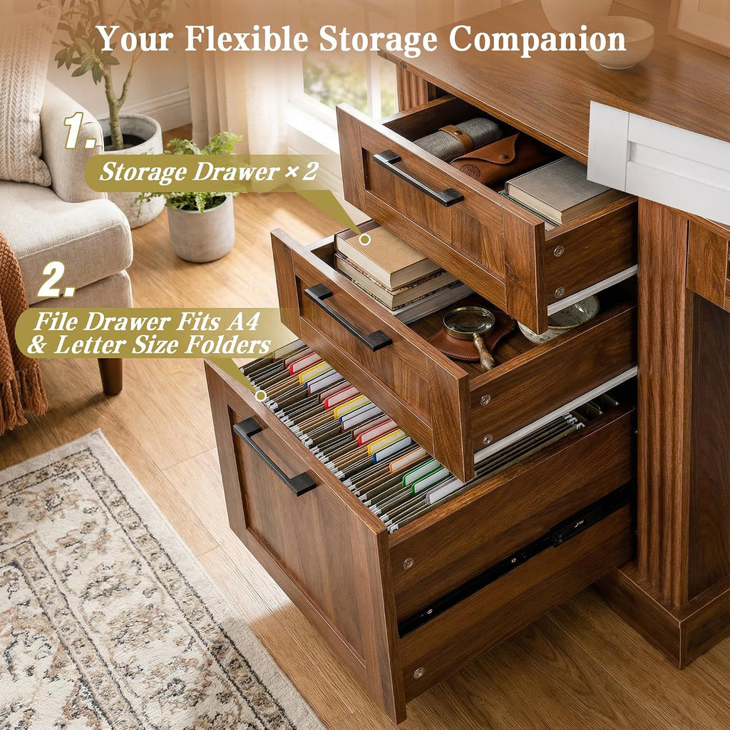 RiteSune 59.5' Farmhouse Computer Desk with USB Charging Station, Fixed Monitor Stand with Drawers, Keyboard Tray & File Cabinet, Home Office Writing Desk with Large Storage