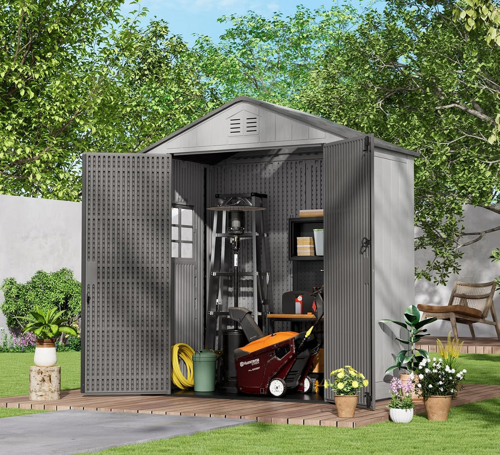 ZZM Outdoor Storage Shed 6x4 Ft, All-Weather Resistant Resin Garden Sheds & Outdoor Storage Clearance with Floor and Windows, Double-Layer Plastic Tool Shed for Backyard, Patio & Lawn (Gray)