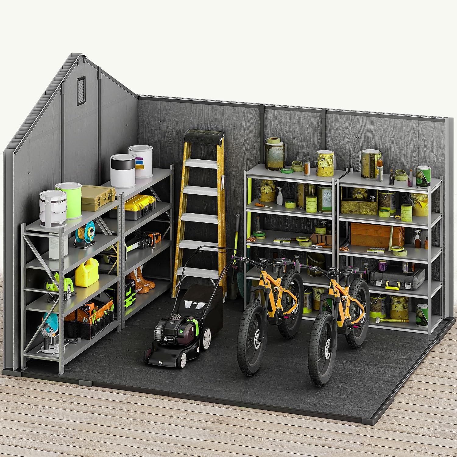 DWVO 8x10 FT Outdoor Storage Shed, 544 cuft Plastic Storage Shed with Floor & Lockable Door, All-Weather Tool Garden Shed with Window & Vent for Patio Furniture, Lawn Mower, Bike, Pool Supplies, Gray