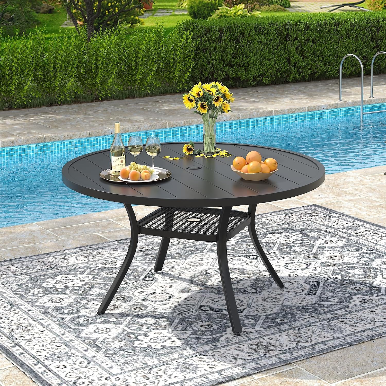 VICLLAX Round Patio Dining Table for 4-6, Outdoor Metal Dining Table with Umbrella Hole for Deck Lawn Garden Backyard, 47.2' Black