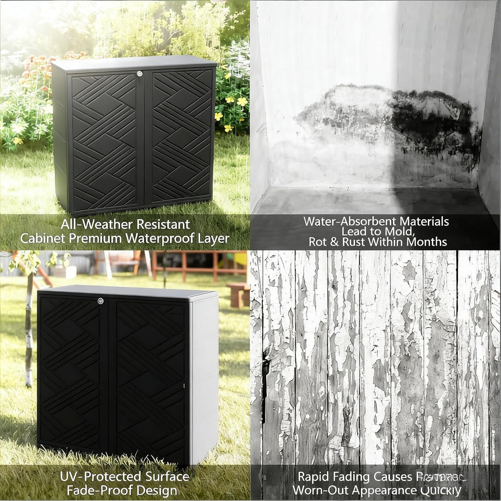 Outdoor Storage Cabinet with Lockable Doors, Portable Horizontal HDPE Plastic Storage Shed, Outdoor Waterproof Storage Cabinet for Pool Storage, Garden Shed, Black