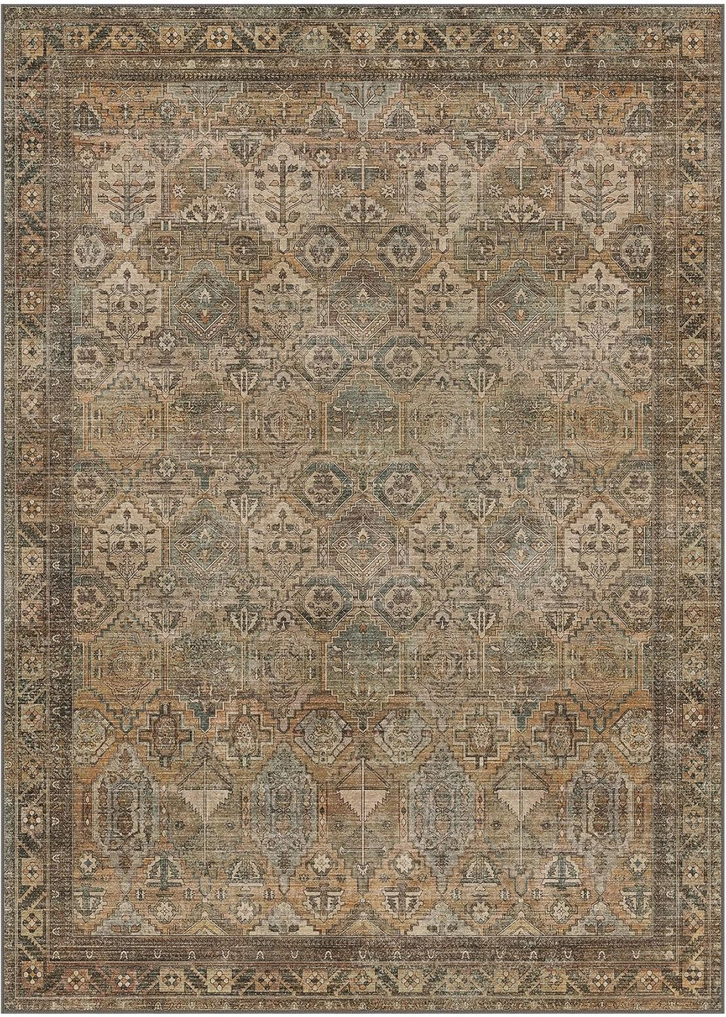 Bavni Washable Rug 10x14 Area Rug for Living Room Bedroom Dining, Washable Vintage Print Carpet, Ultra-Thin Chenille Low Pile Lightweight Rug with Non Slip Backing, Warm Taupe