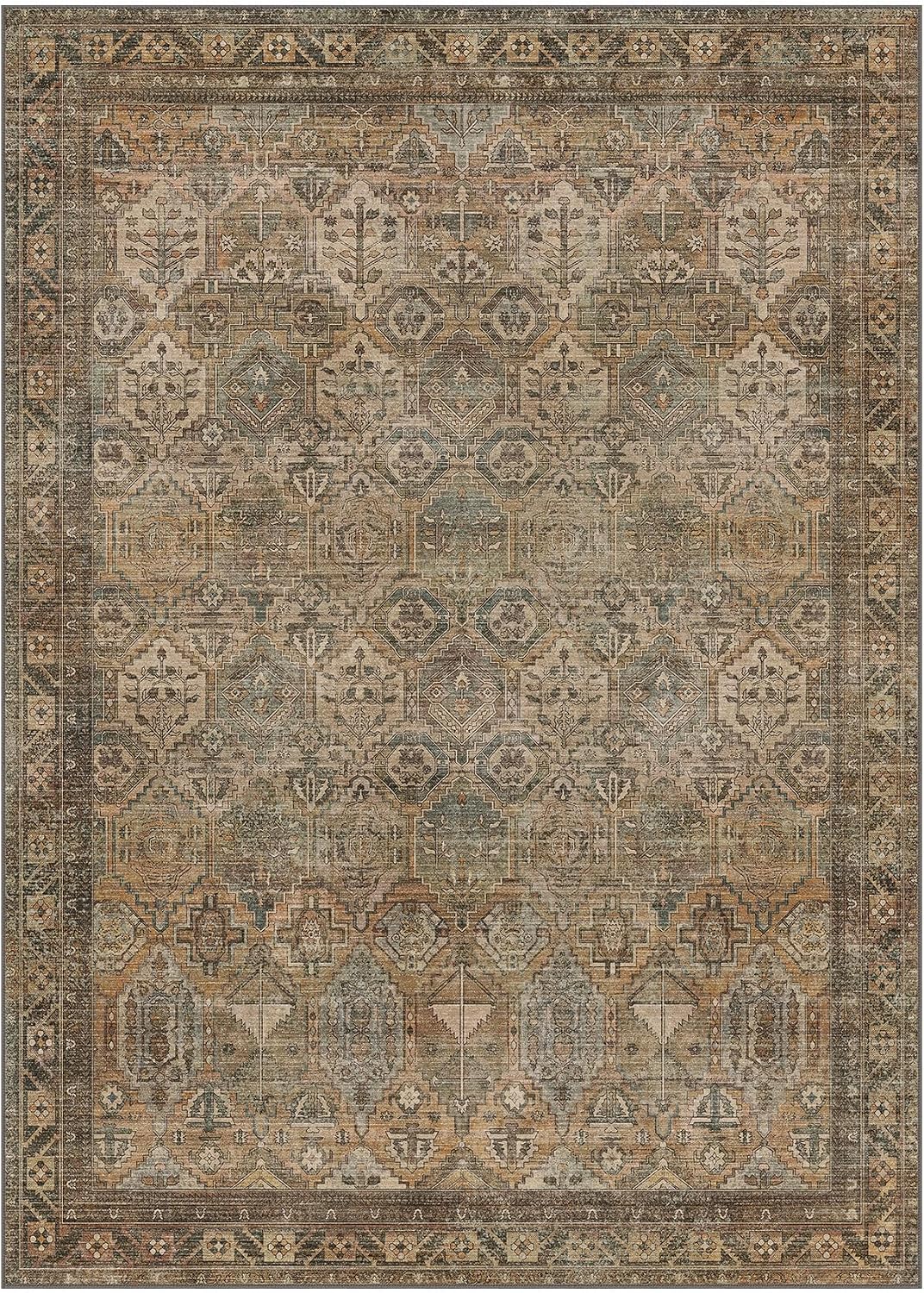 Bavni Washable Rug 10x14 Area Rug for Living Room Bedroom Dining, Washable Vintage Print Carpet, Ultra-Thin Chenille Low Pile Lightweight Rug with Non Slip Backing, Warm Taupe