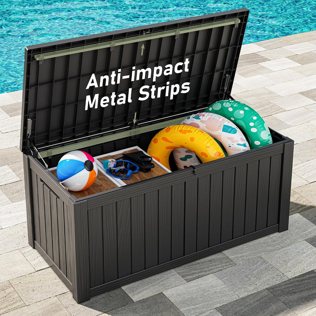 NUNU LAB 120 Gallon Outdoor Storage Box, Large Resin Deck Box with Lockable Lid, Waterproof Patio Storage Bench, Outdoor Cabinet for Garden Tools, Cushions & Pool Accessories