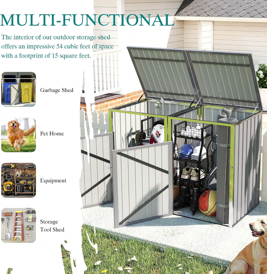 YOPTO Outdoor Storage Shed Metal Trash Can Storage,54 Cu.Ft Garbage Can Storage Shed W/Lid Chain,Hydraulic Mechanism & Pneumatic Spring Support Rods,for 2 Trash Bins,Bike,Garden Tools,Light Gray