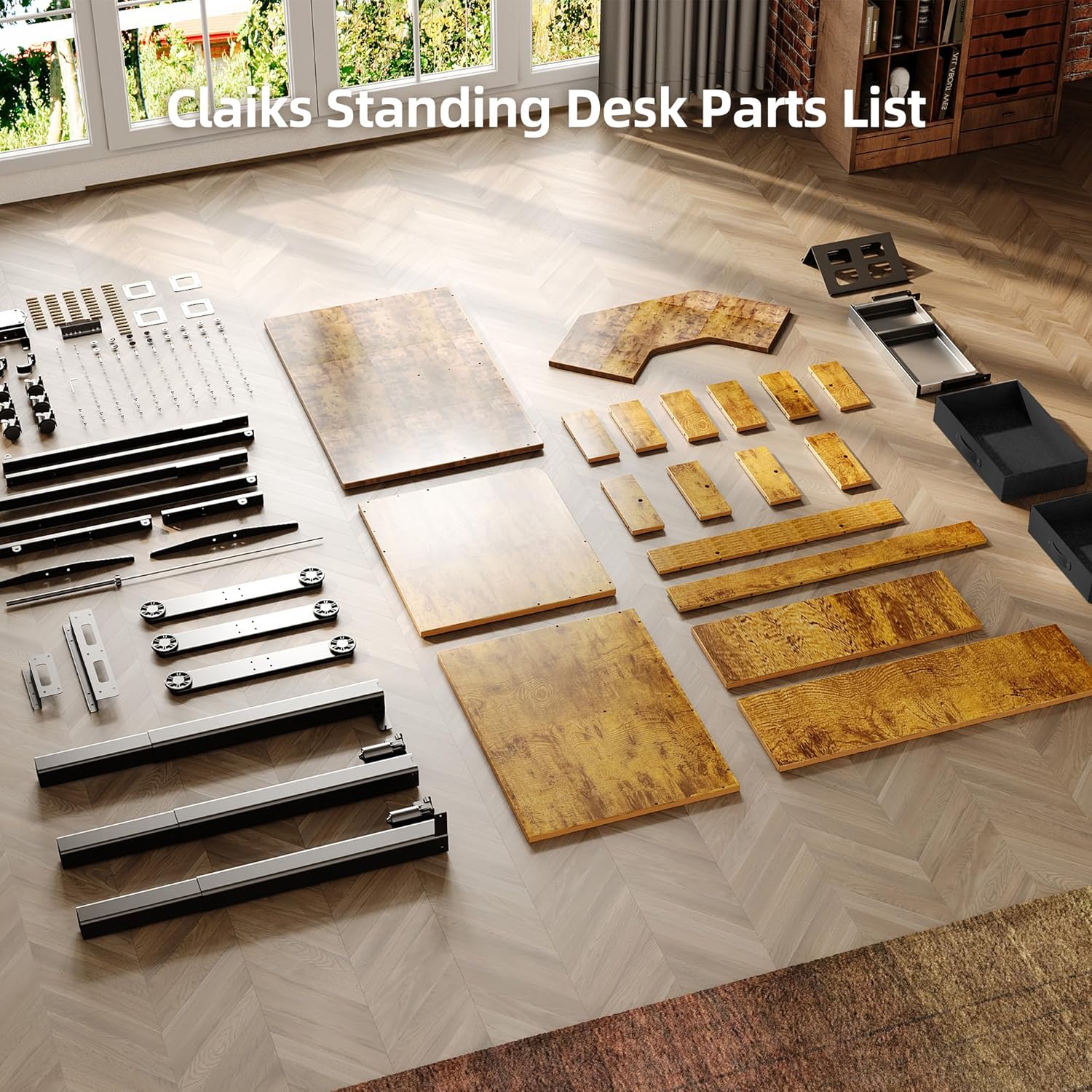 Claiks Dual Motor 63' L Shaped Standing Desk with Drawers, Electric Height Adjustable Standing Desk with Monitor Stand & Splice Board, Black Frame/Rustic Brown Top