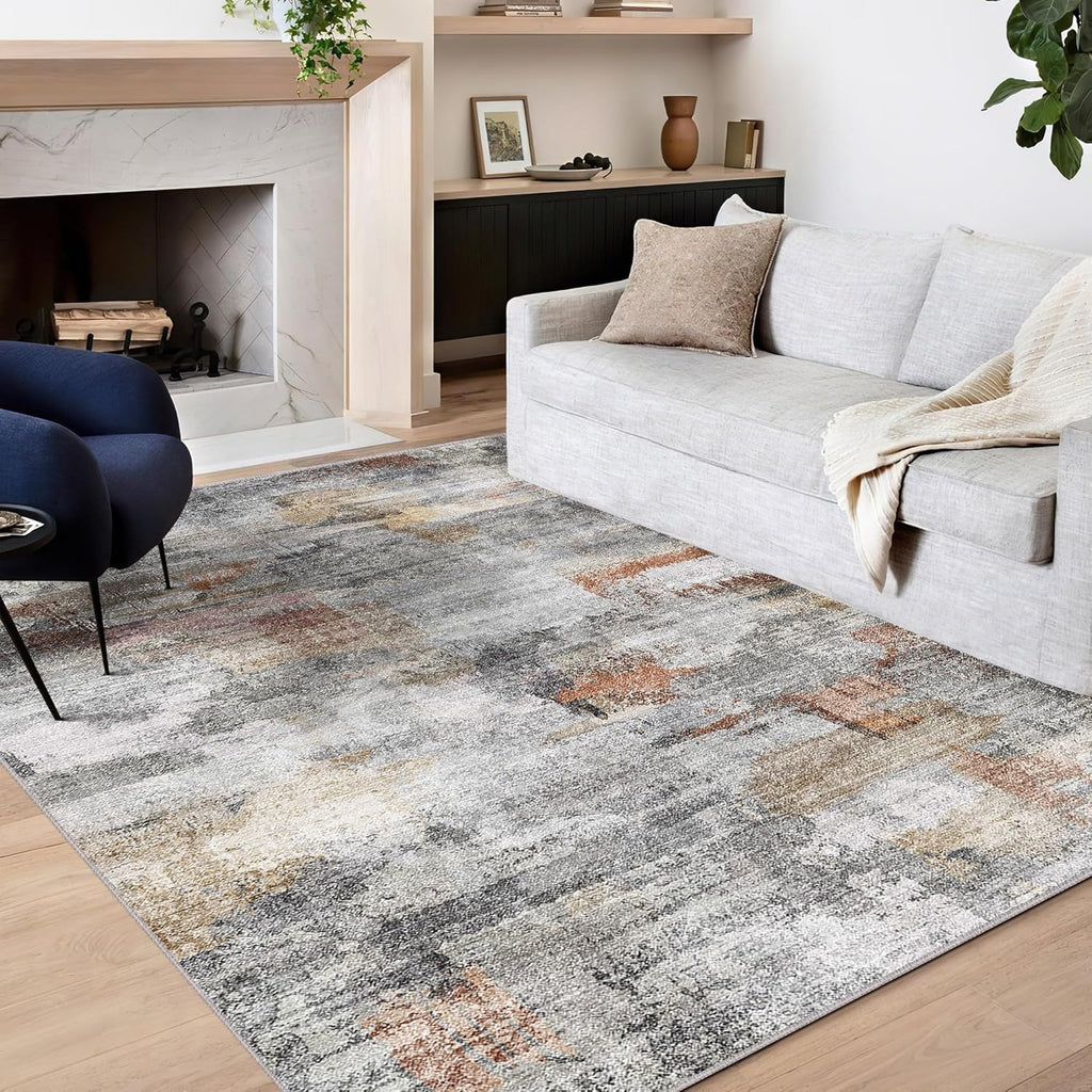 vivorug Washable Rug, Ultra Soft Area Rug 8x10, Non Slip Abstract Rug Carpet, Stain Resistant Rugs for Living Room Bedroom, Modern Fluffy Rug (Gray/Rust, 8'x10')
