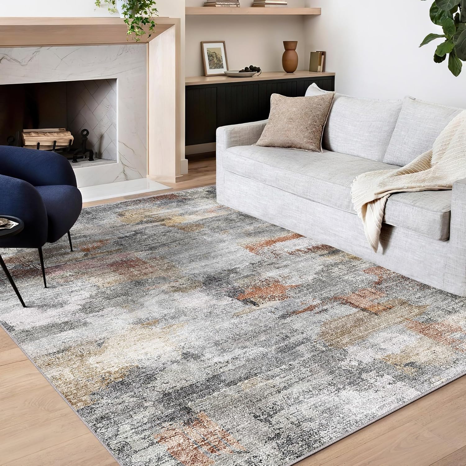 vivorug Washable Rug, Ultra Soft Area Rug 8x10, Non Slip Abstract Rug Carpet, Stain Resistant Rugs for Living Room Bedroom, Modern Fluffy Rug (Gray/Rust, 8'x10')