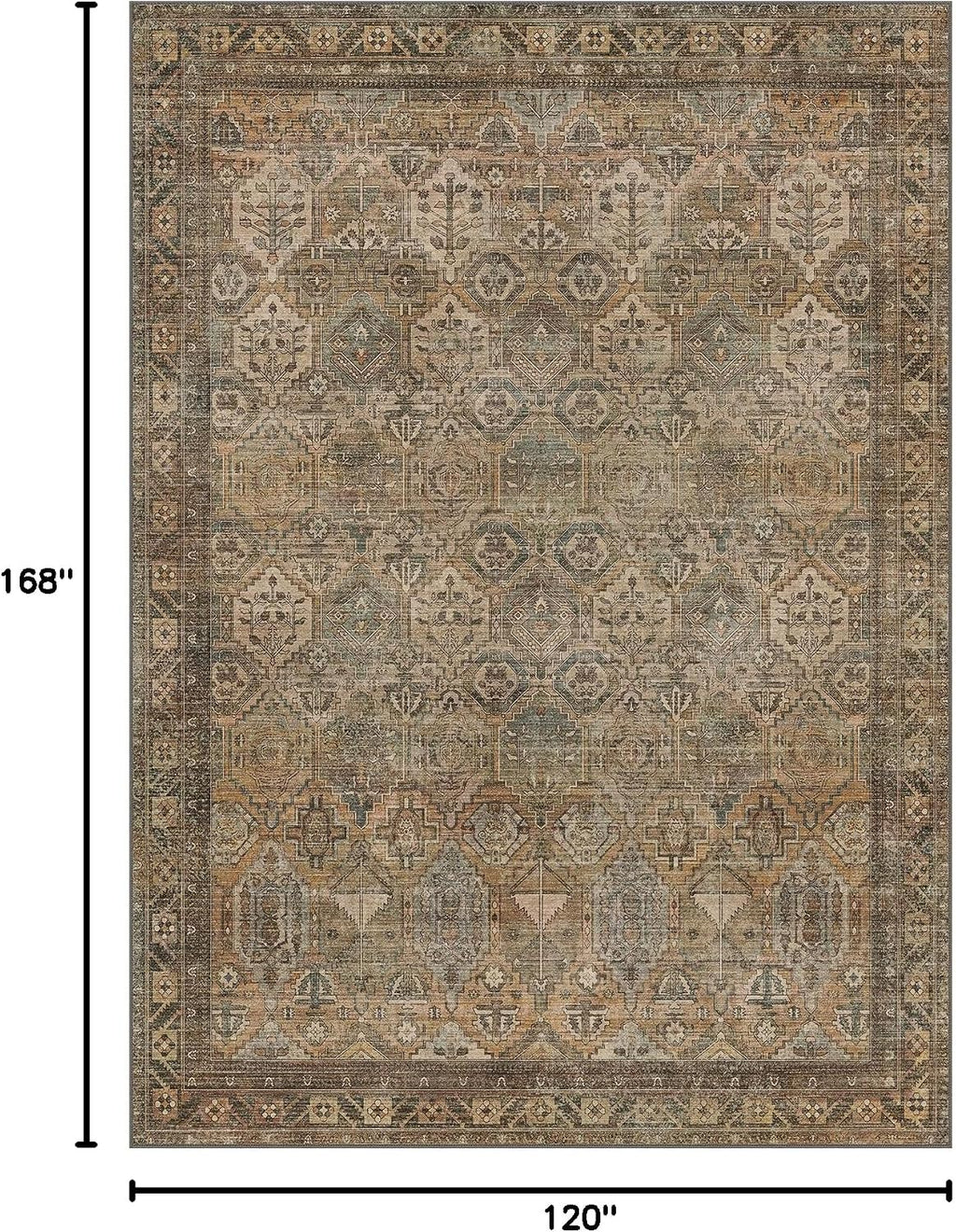 Bavni Washable Rug 10x14 Area Rug for Living Room Bedroom Dining, Washable Vintage Print Carpet, Ultra-Thin Chenille Low Pile Lightweight Rug with Non Slip Backing, Warm Taupe