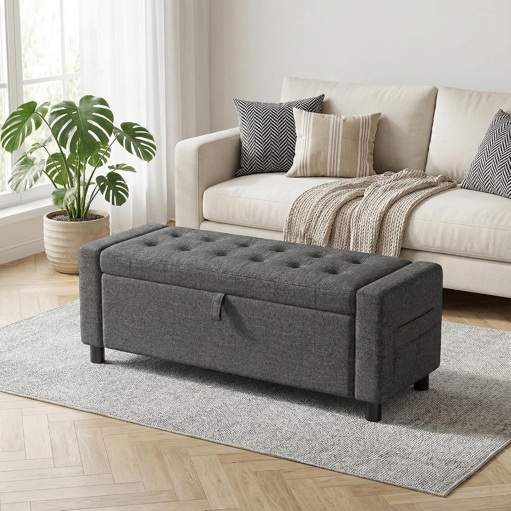 Amada 46' Ottoman with Storage,Storage Ottoman Bench with Safety Hinge, Hidden Compartment & Side Pocket, 400 lbs Weight Capacity, end of Bed/Entryway Bench for Bedroom/Living Room, Dark Gray