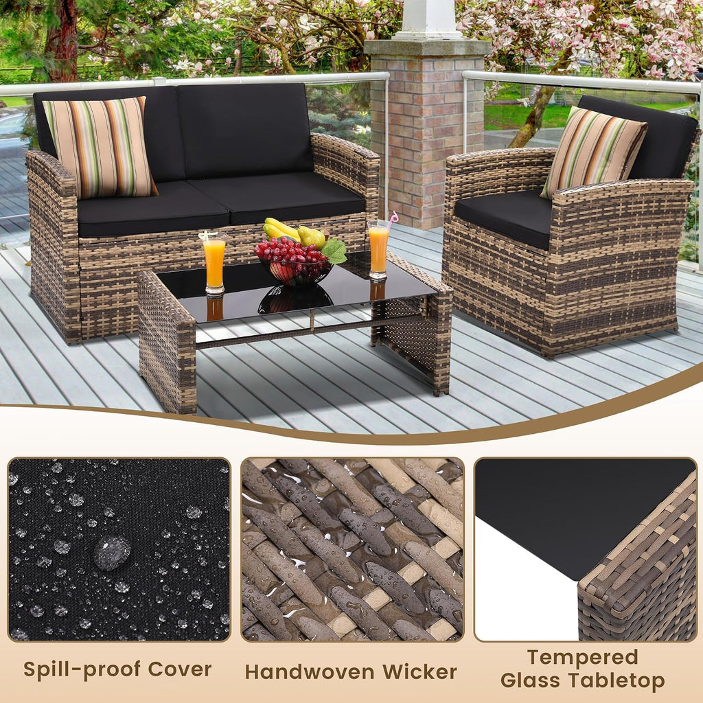 KROFEM 4-Piece Patio Furniture Set, Wicker Outdoor Rattan Sectional Sofa with Cushions and Glass Table, All-Weather Outdoor Conversation Set for Garden, Porch, Backyard, Patio, Black