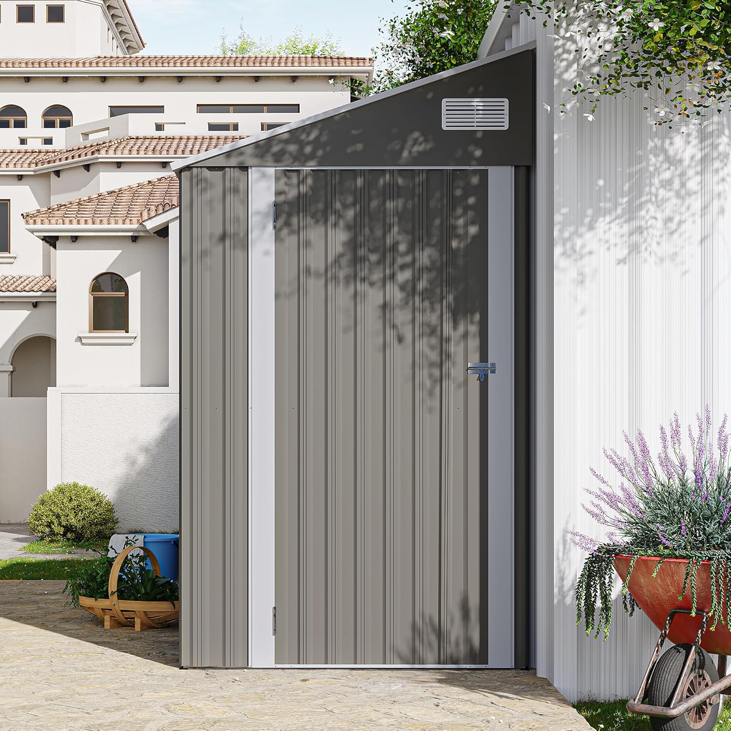 YOPTO 4×8 FT Outdoor Metal Storage Shed,Heavy-Duty Lean to Storage Shed with Lockable Single Side Hinge Door,Waterproof Metal Storage Tool House W/Sloping Roof,Air Vent&Protect Film,for Backyard,Gray