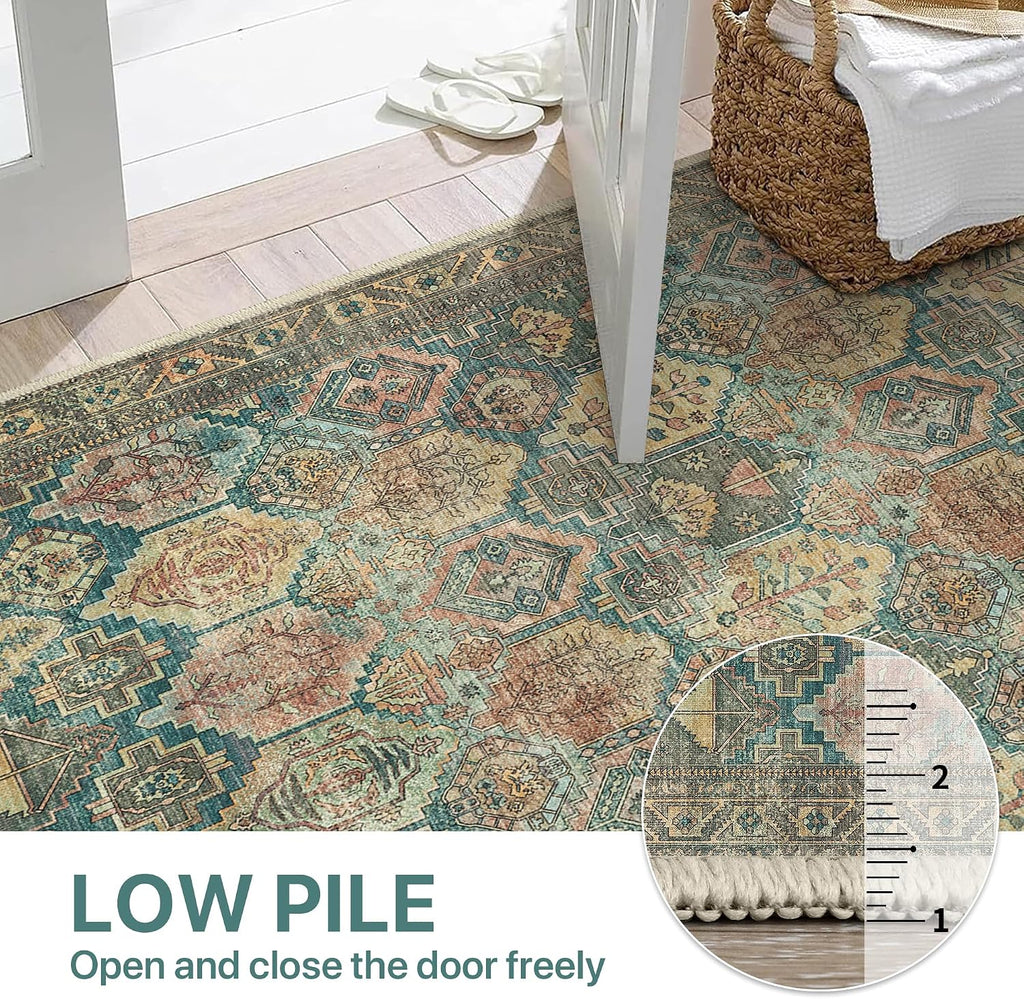 Bavni Washable Rug 8x10 Area Rug for Living Room Bedroom Dining, Washable Vintage Print Carpet, Ultra-Thin Low Pile Lightweight Rug with Non Slip Backing, Multi Green