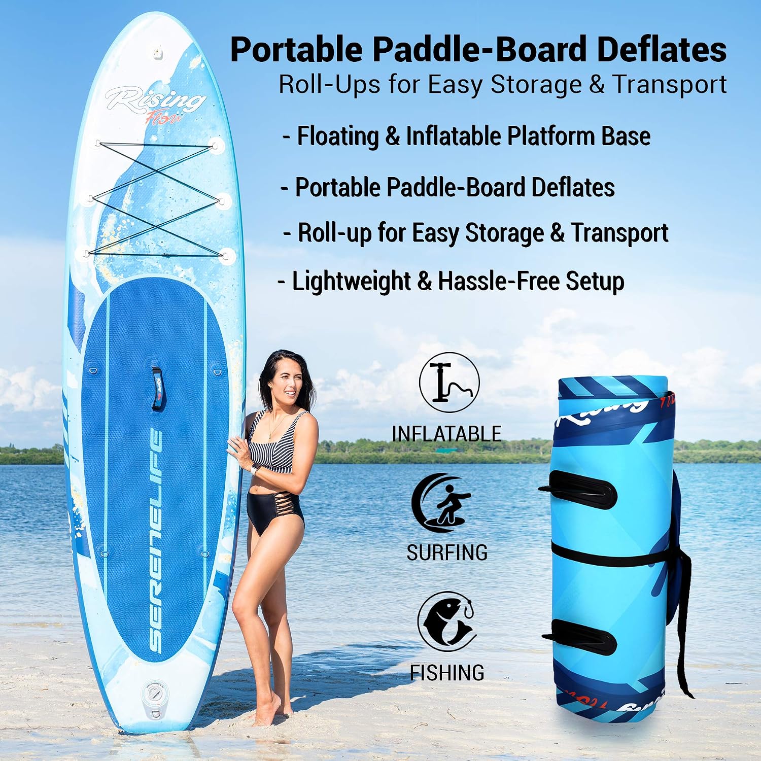 SereneLife Inflatable Stand Up Paddle Board - Wide Stable Design, Non-Slip Deck for Adults & Youth with Premium Paddle Board Accessories: Carry Bag, Dual Action Pump, Paddle, Ankle Leash - 10'6'