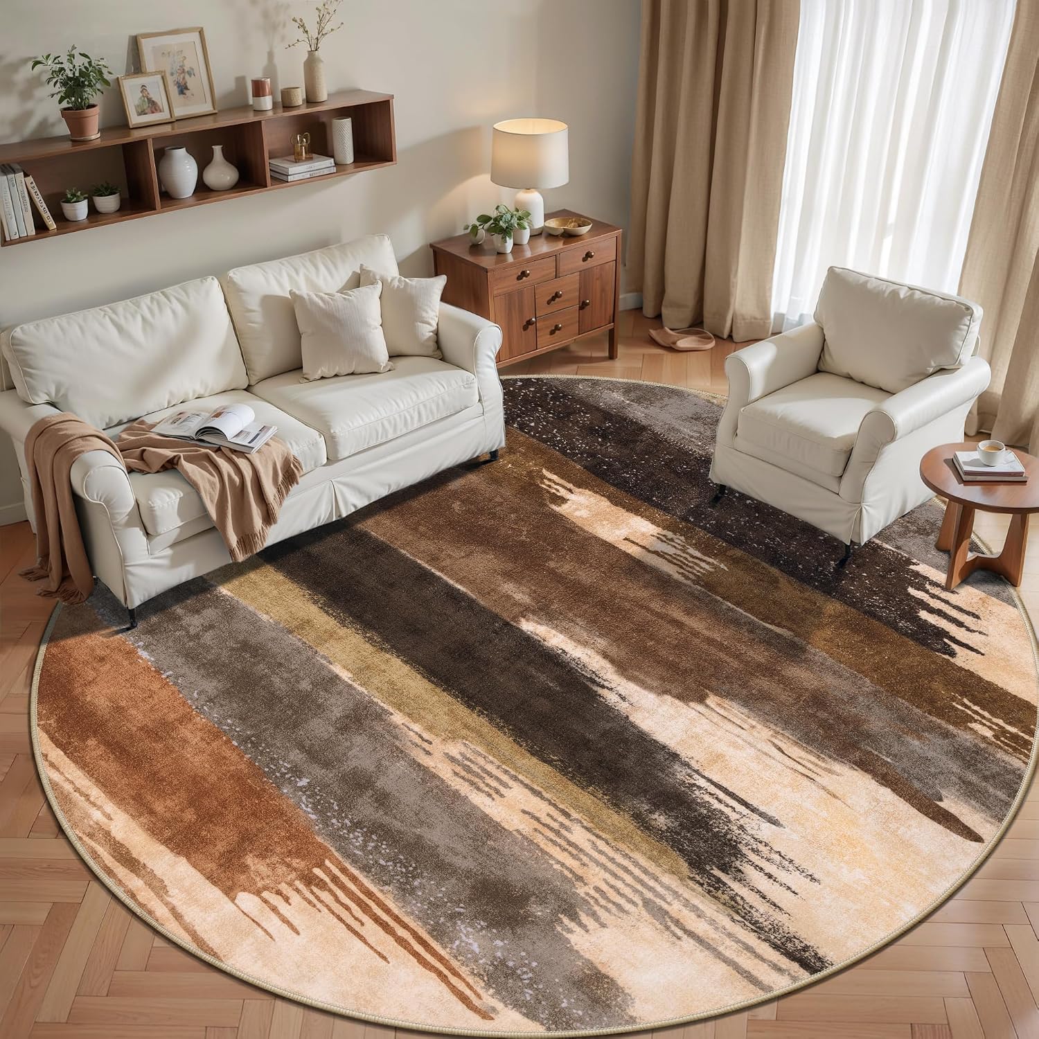 Ciicool 8ft Round Washable Rug, Modern Abstract Circle Rugs, Non-Slip Thin Lightweight Rug Brown Black Circular Print Distressed Carpet for Bedroom Living Room Under Dining Table Home Office Decor