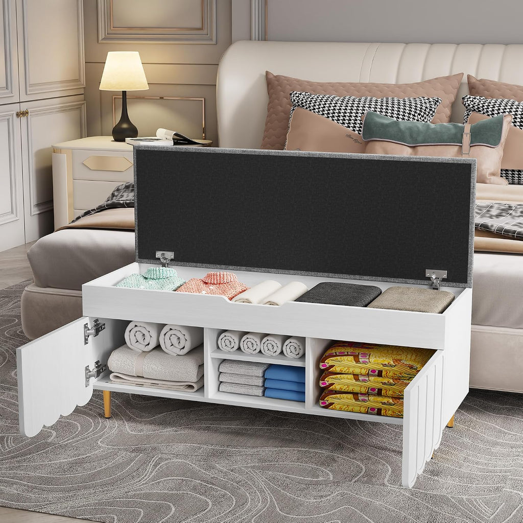 3More 40' Entryway Shoe Storage Bench,Upholstered Hidden Space Beneath Seat Cushion Bench,2-Tier Unique Geometric Shape with Wood Grain,White