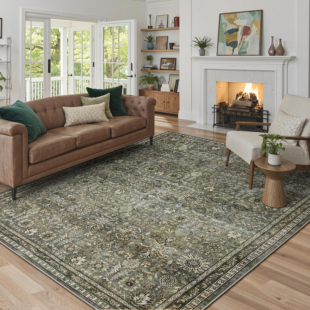 Lahome Mirae Green 8x10 Rugs for Living Room, Boho Washable Area Rugs for Bedroom, Rubber Backed Non Slip Floor Carpets for Dining Room Home Apartment, Dark Olive Green