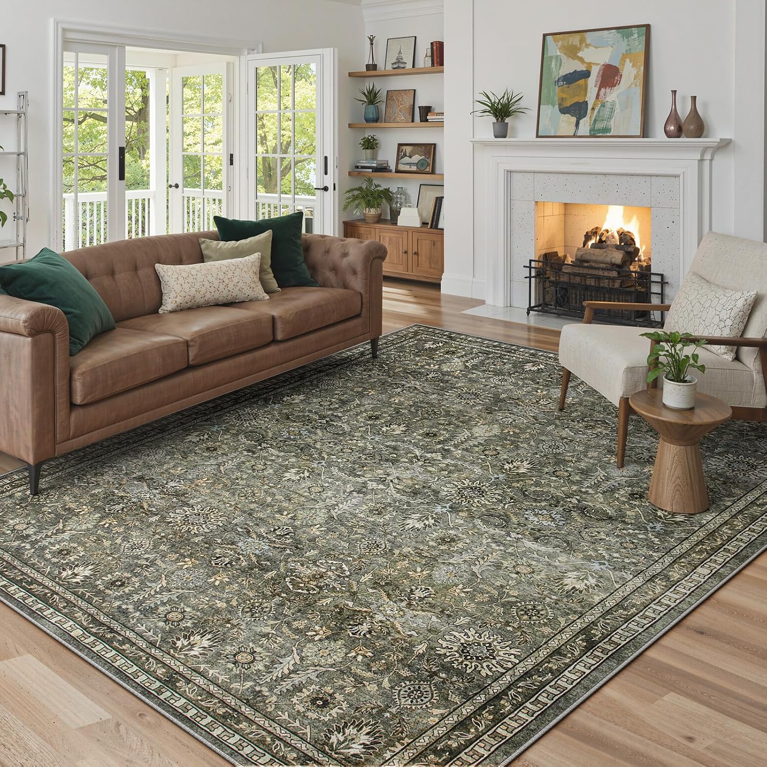 Lahome Mirae Green 8x10 Rugs for Living Room, Boho Washable Area Rugs for Bedroom, Rubber Backed Non Slip Floor Carpets for Dining Room Home Apartment, Dark Olive Green