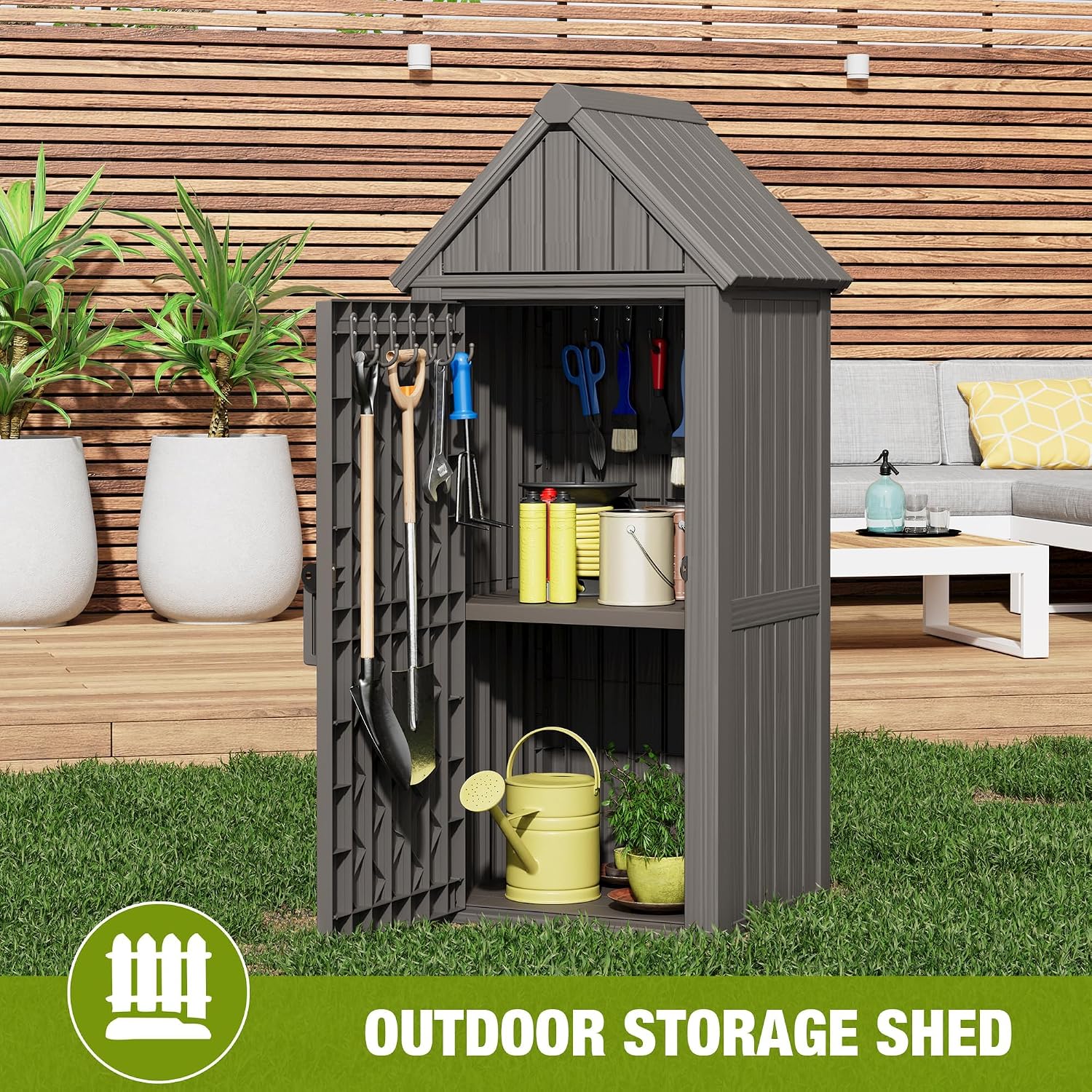 Outdoor Storage Shed, Waterproof Storage Cabinet with Sloping Roof and Lockable Door, Resin Shed with Ample Space, Multiple Hooks for Backyard Patio, Garden, Lawn, Classic Grey