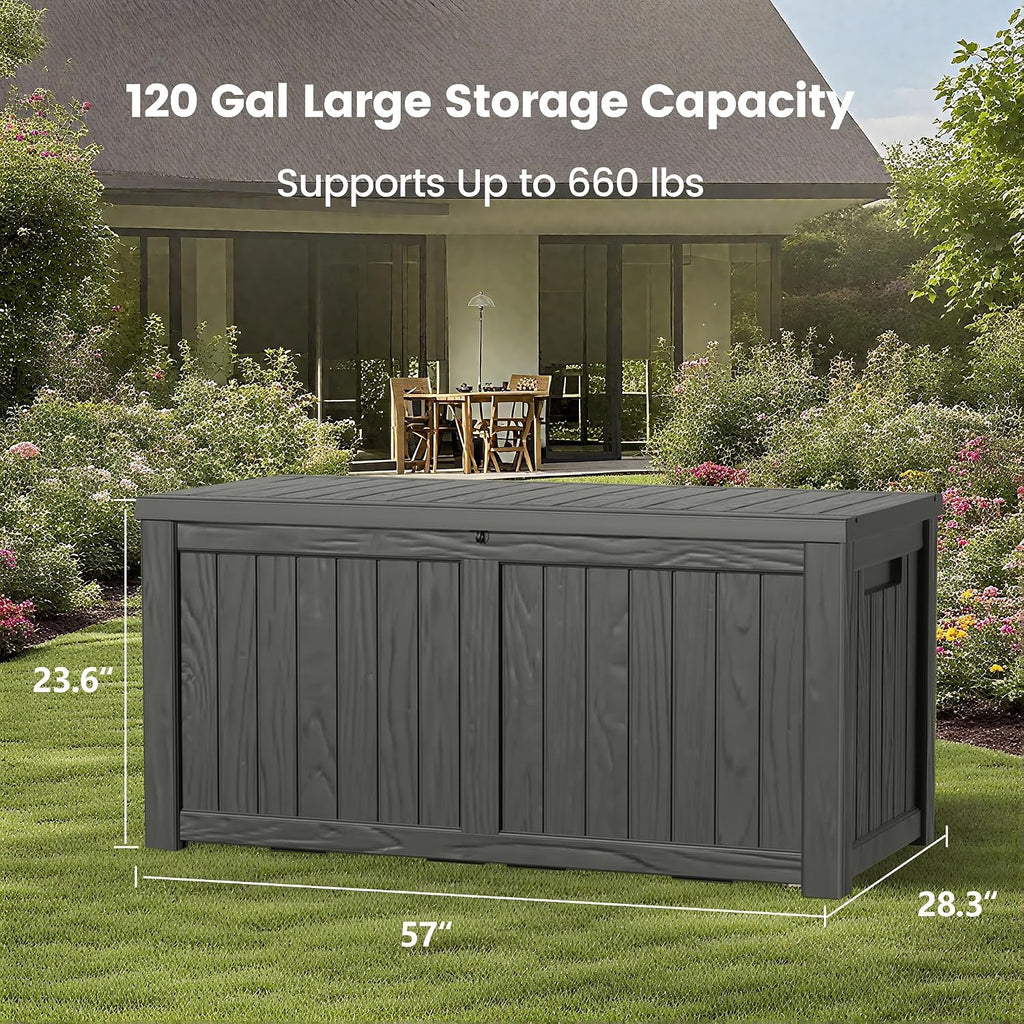 120 Gallon Outdoor Storage Box - Waterproof Resin Deck Box with Stainless Steel Rods - Lockable & Fade Resistant Storage Bin for Patio Cushions & Garden Tools, Black