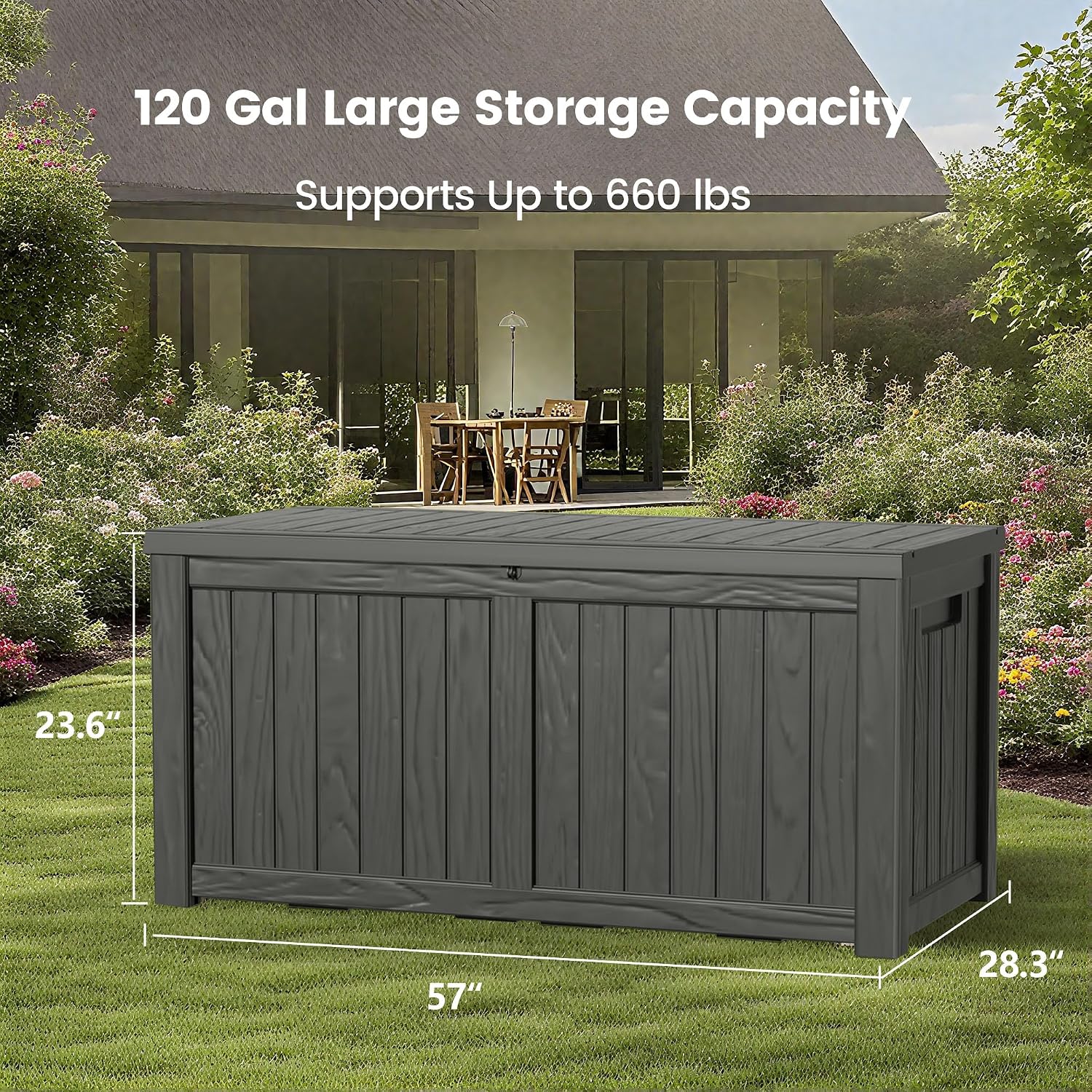 120 Gallon Outdoor Storage Box - Waterproof Resin Deck Box with Stainless Steel Rods - Lockable & Fade Resistant Storage Bin for Patio Cushions & Garden Tools, Black