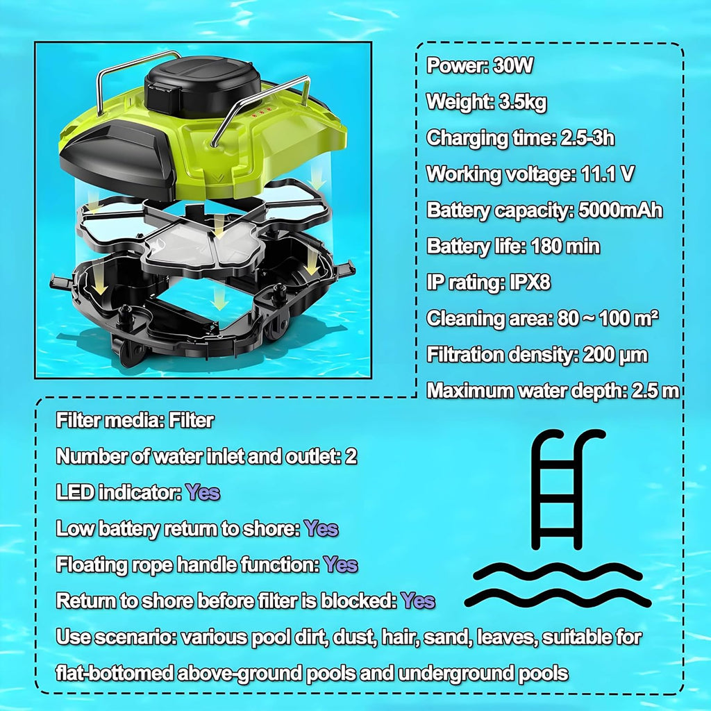 Pool Automatic Vacuum Cleaner, Cordless Robotic Pool Vacuum Cleaner, Automatic Pool Robot Cleaner Filter, Automatic Return, with Hook, 180 Min Battery Life, for Out Indoor Pool