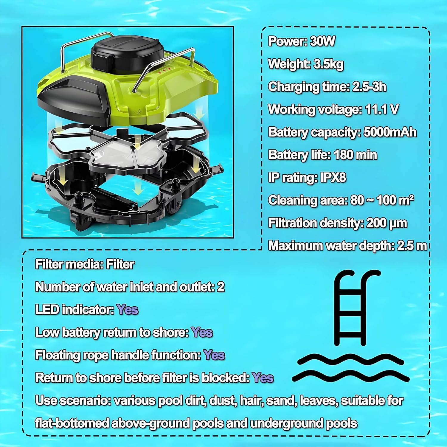 Pool Automatic Vacuum Cleaner, Cordless Robotic Pool Vacuum Cleaner, Automatic Pool Robot Cleaner Filter, Automatic Return, with Hook, 180 Min Battery Life, for Out Indoor Pool