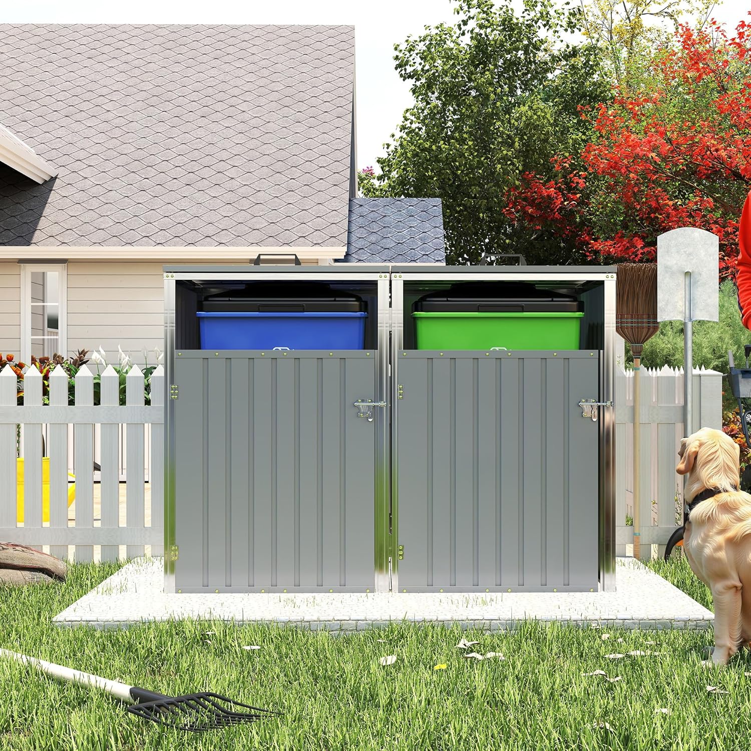YOPTO Outdoor Storage Shed Metal Trash Can Storage,54 Cu.Ft Garbage Can Storage Shed W/Lid Chain,Hydraulic Mechanism & Pneumatic Spring Support Rods,for 2 Trash Bins,Bike,Garden Tools,Light Gray