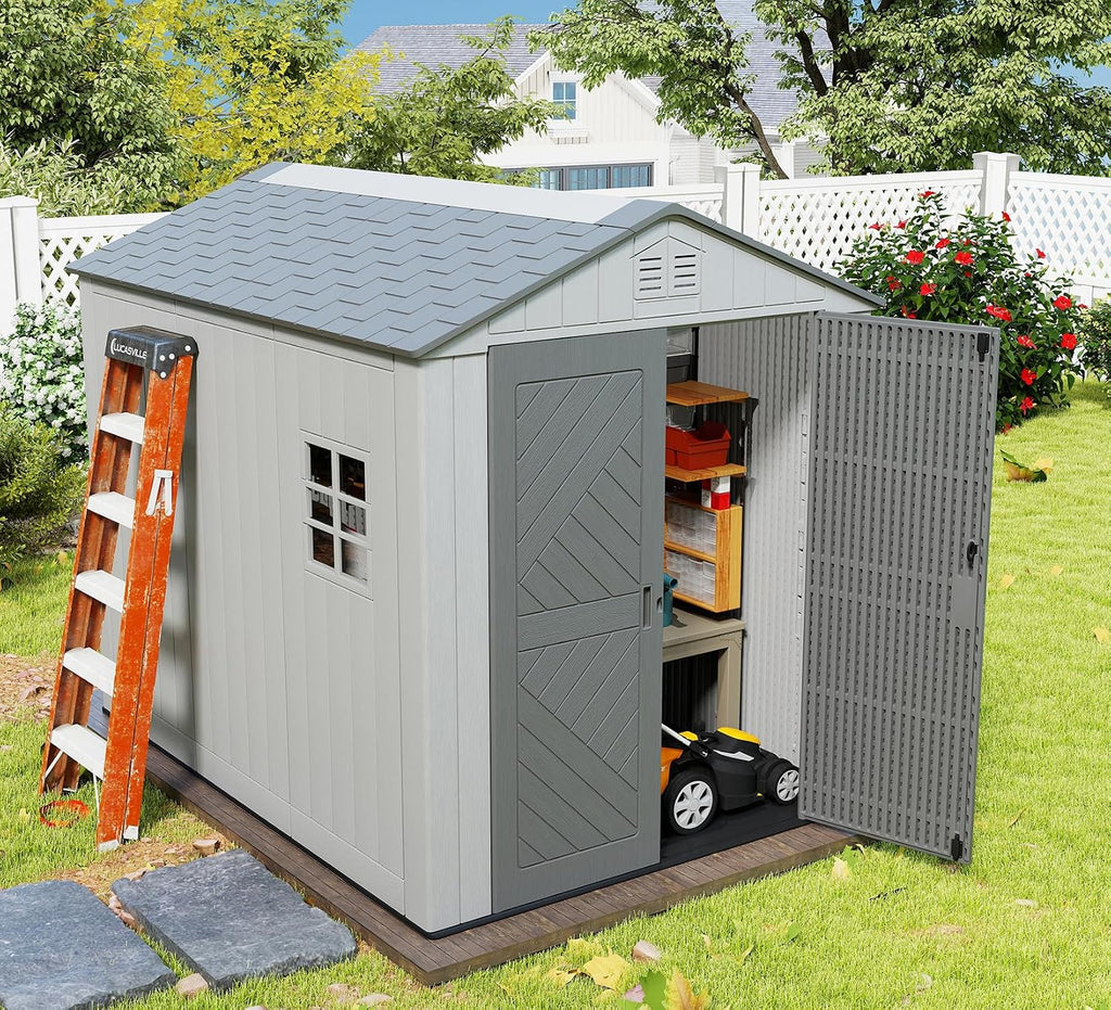 ZZM Outdoor Storage Shed 6x9 Ft, All-Weather Resistant Resin Garden Sheds & Outdoor Storage Clearance with Floor and Windows, Double-Layer Plastic Tool Shed for Backyard, Patio & Lawn (Gray)