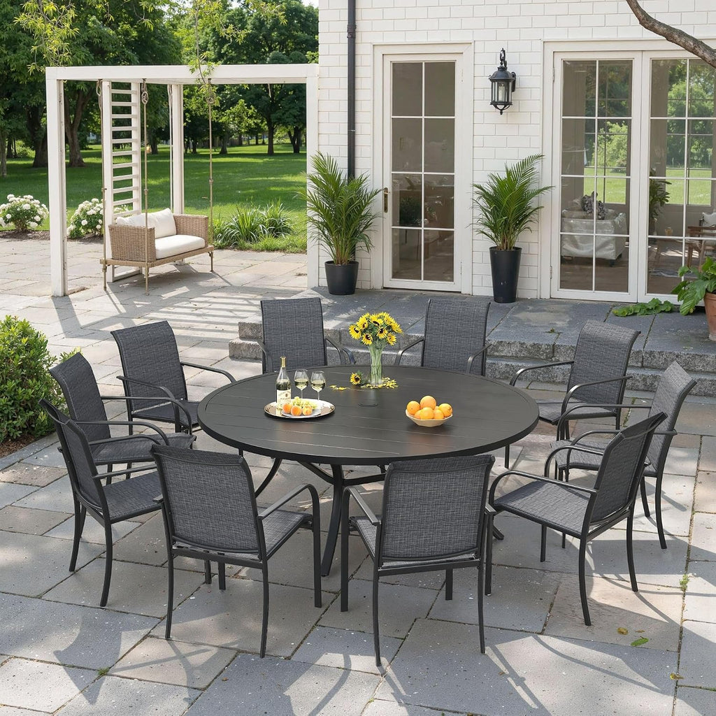 VICLLAX 60' Outdoor Round Patio Dining Table for 8-10, All Weather Metal Dining Table with Umbrella Hole for Deck Lawn Garden Backyard, Black