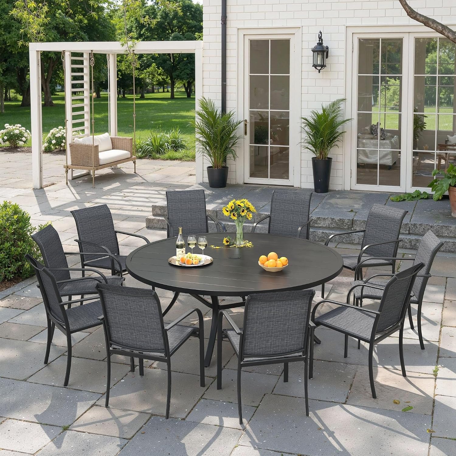 VICLLAX 60' Outdoor Round Patio Dining Table for 8-10, All Weather Metal Dining Table with Umbrella Hole for Deck Lawn Garden Backyard, Black